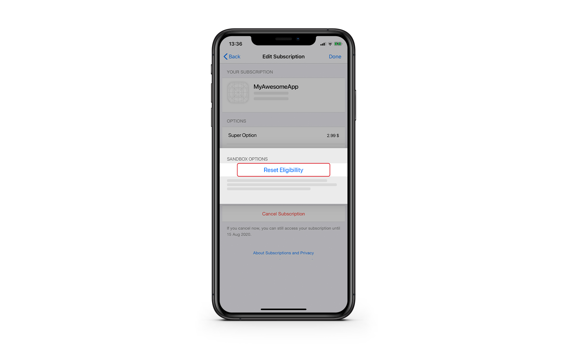 Sandbox options in iPhone; edit subscriptions