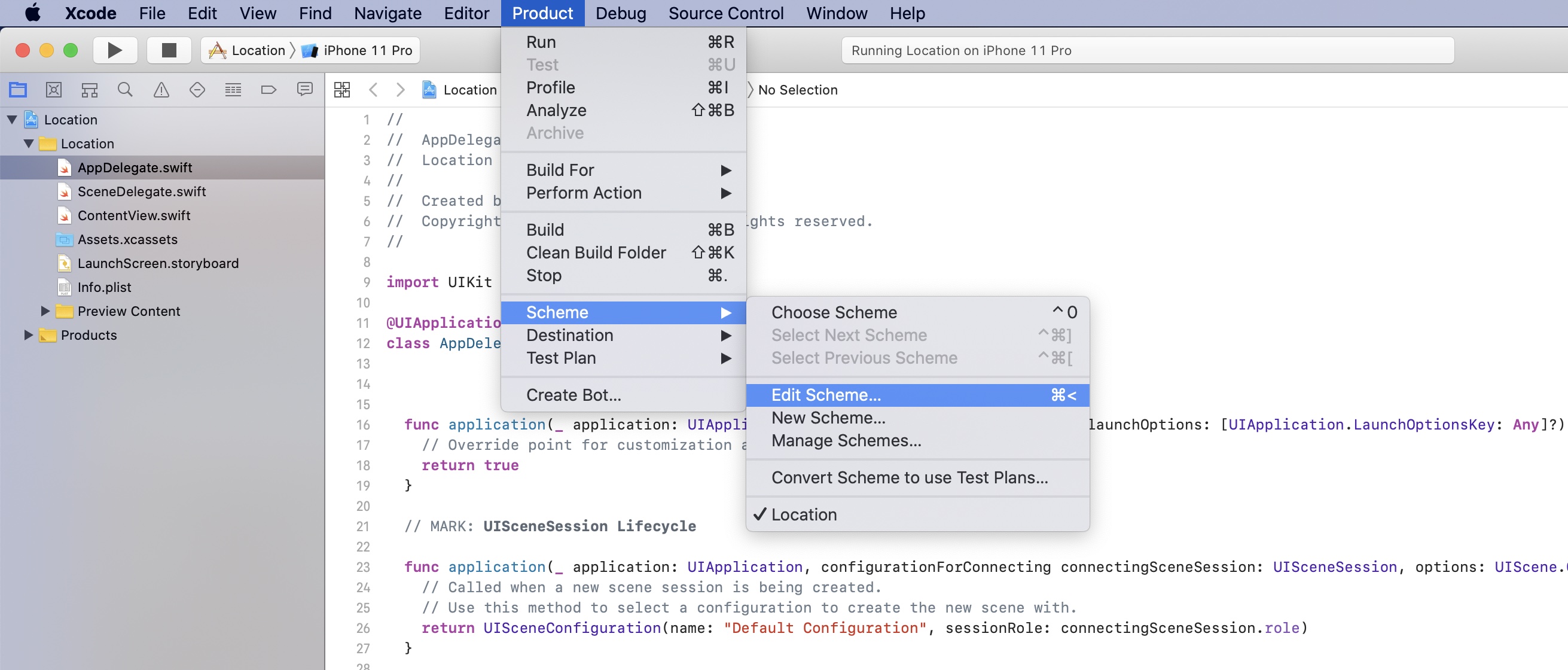 Accessing the XCode schemes editor