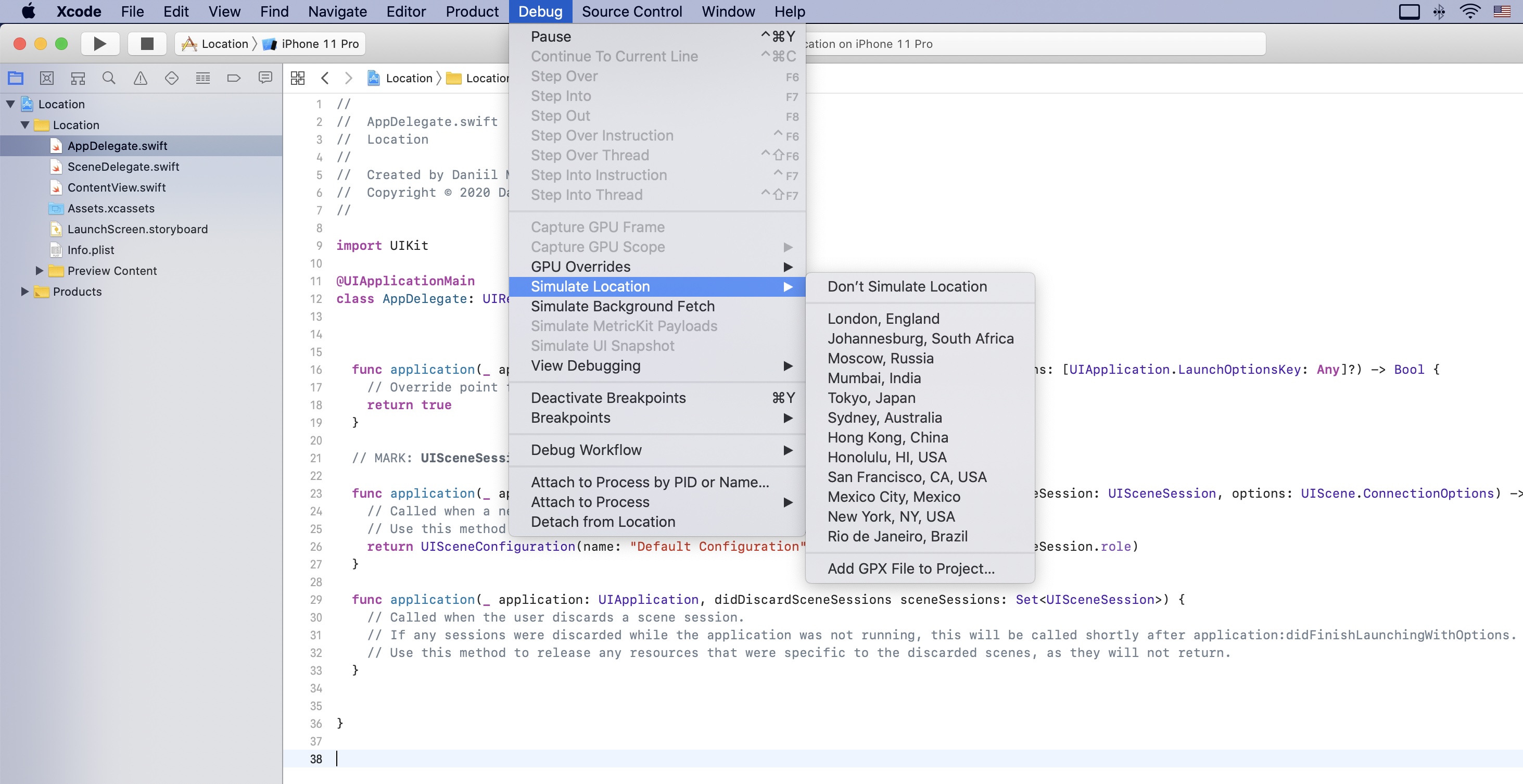 XCode Debug menu